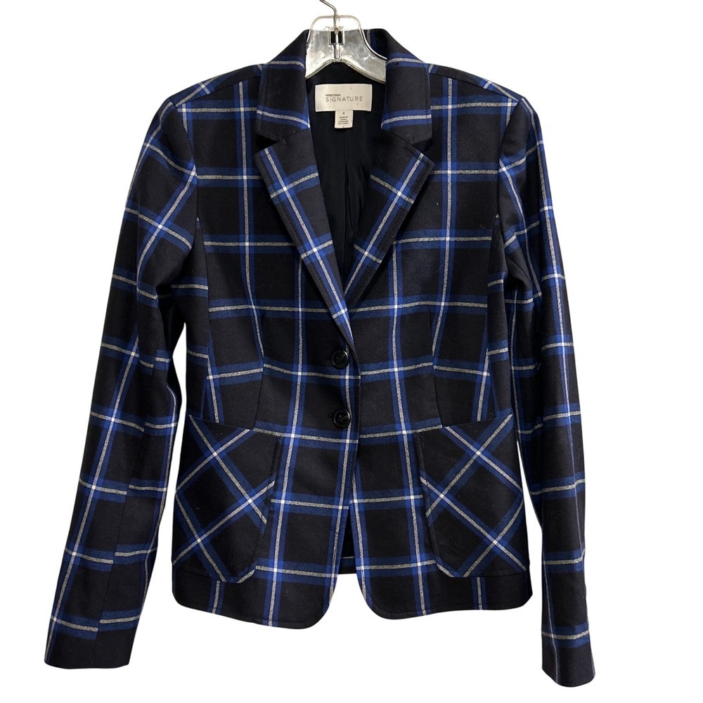 Nordstrom Signature Women's Plaid Blazer Jacket Wool Blend Blue Black Size 4